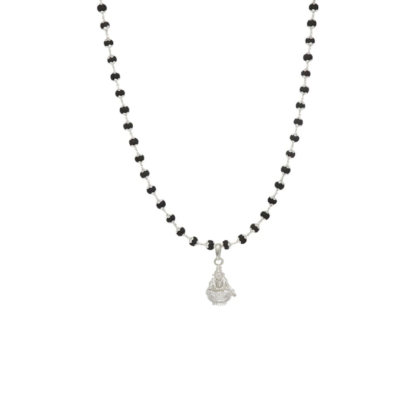 Silver Capped Black Wooden Beads Mala with Iyyappan Pendant