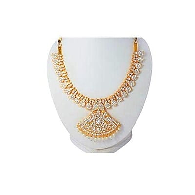 Gold Plated White Stone Attigai Necklace