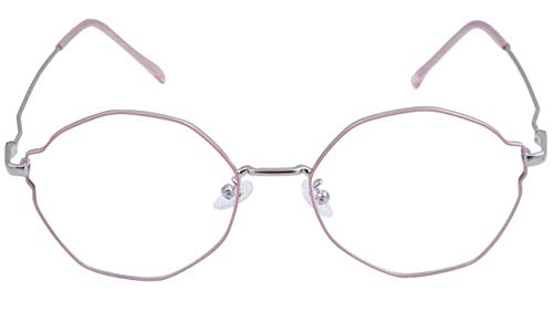 Female Oversized Spectacle Frames. Transparent ARC Lens. Pink & Silver Color Metal Frame.