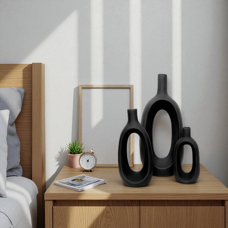 Oval-Shaped Flower Vases for Home Decor, Set of 3 (Black) Polyresin – 9.5 Inch