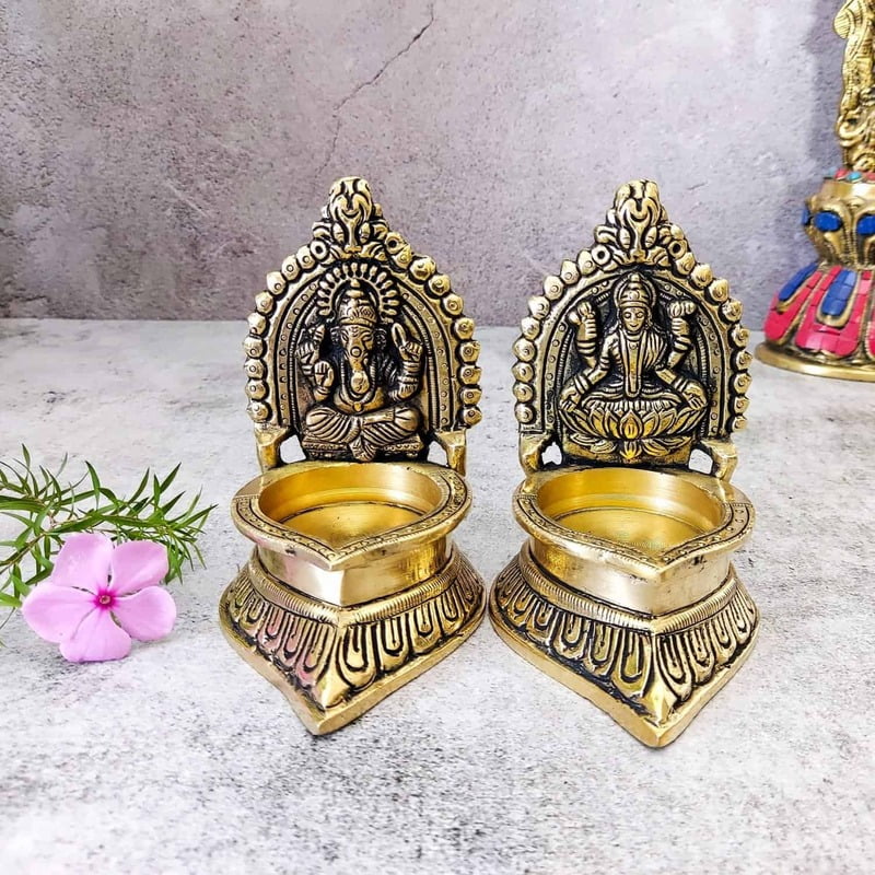 Brass Lakshmi Ganesha Diya Pair - 4.5 inch Height | Auspicious Blessings Brass Lakshmi Ganesha Diya Pair - 4.5 inch Height | Auspicious Blessings