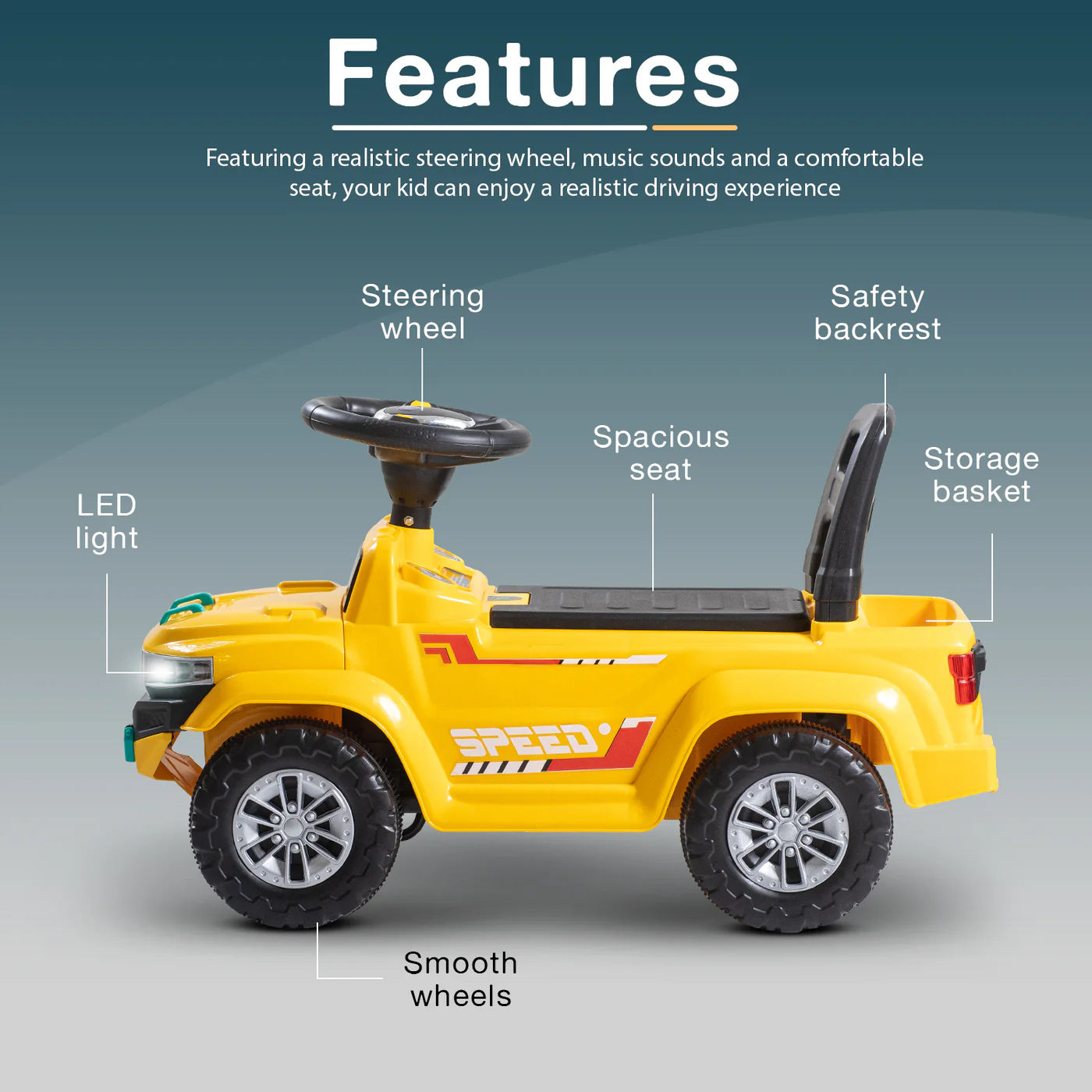 Baybee Push Ride on Baby Jeep for Kids Toys with LED Light & Storage Bin- Yellow Baybee Push Ride on Baby Jeep for Kids Toys with LED Light & Storage Bin- Yellow