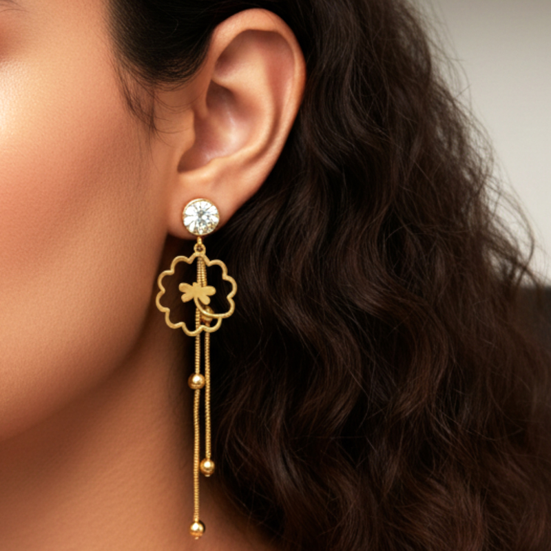 KAYYA21 Elegant Gold Plated Long Dangle Earrings with Crystal Stud & Floral Design