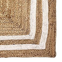 Handmade Jute Area Rug, Natural with White Border Stripes, Coastal Boho Farmhouse Style
