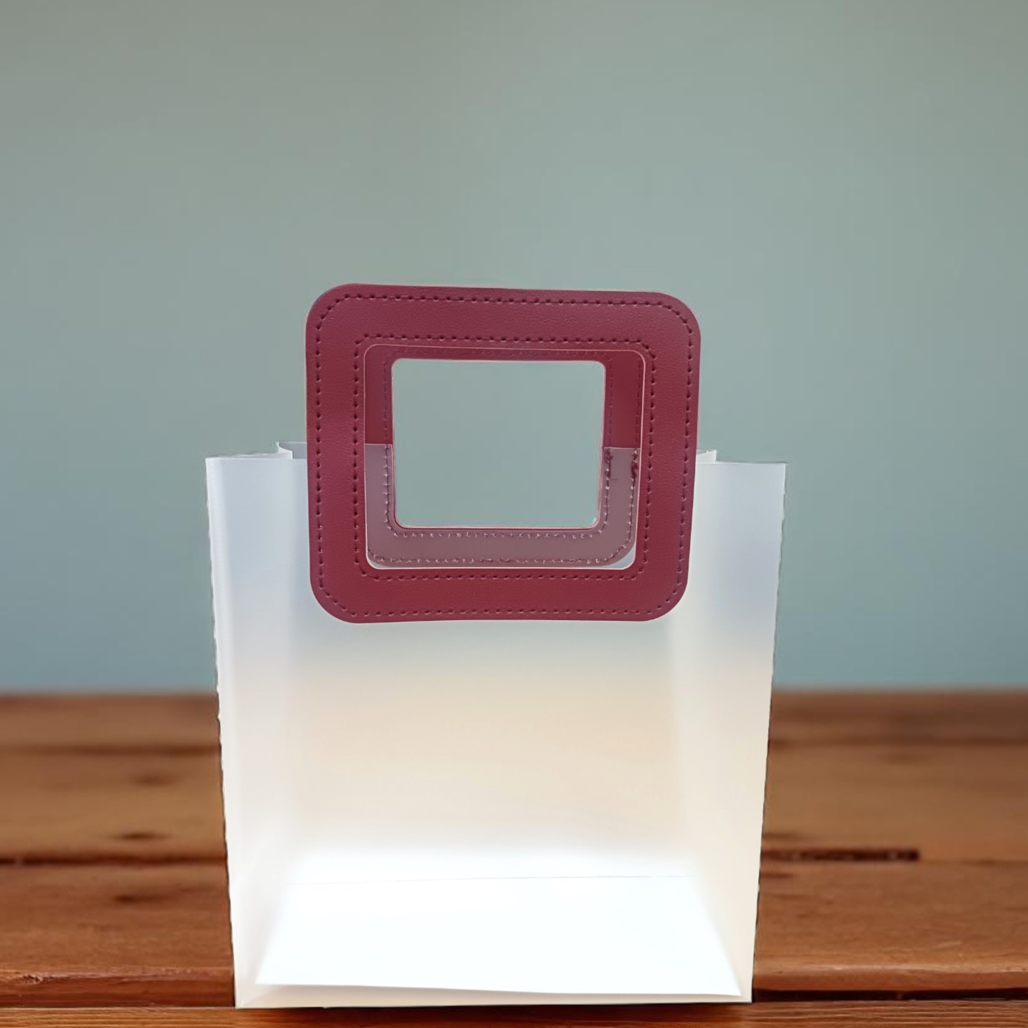 Set Of 6pcs Small Transparent Gift Bag with Square Maroon Handle | Stylish Reusable Bag for Wedding Return Gifts, Hampers, Party Favors, and Gifting