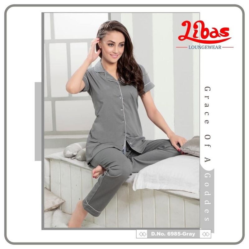 Plain Gray Hosiery Plus Women Collar Night Suit From Libas Loungewear - FPS086 Plain Gray Hosiery Plus Women Collar Night Suit From Libas Loungewear - FPS086