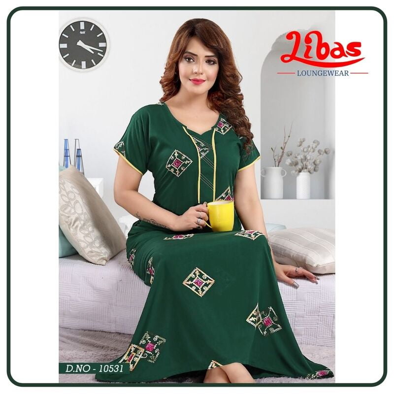 Sherwood Green Premium Rayon Embroidery Nighty With Geometric Print From Libas Loungewear - AL606 Sherwood Green Premium Rayon Embroidery Nighty With Geometric Print From Libas Loungewear - AL606