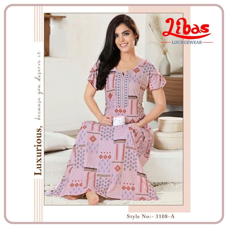Melanie Pink Iceland Hosiery Nighty With Geometric Print All Over From Libas Loungewear - AL953 Melanie Pink Iceland Hosiery Nighty With Geometric Print All Over From Libas Loungewear - AL953