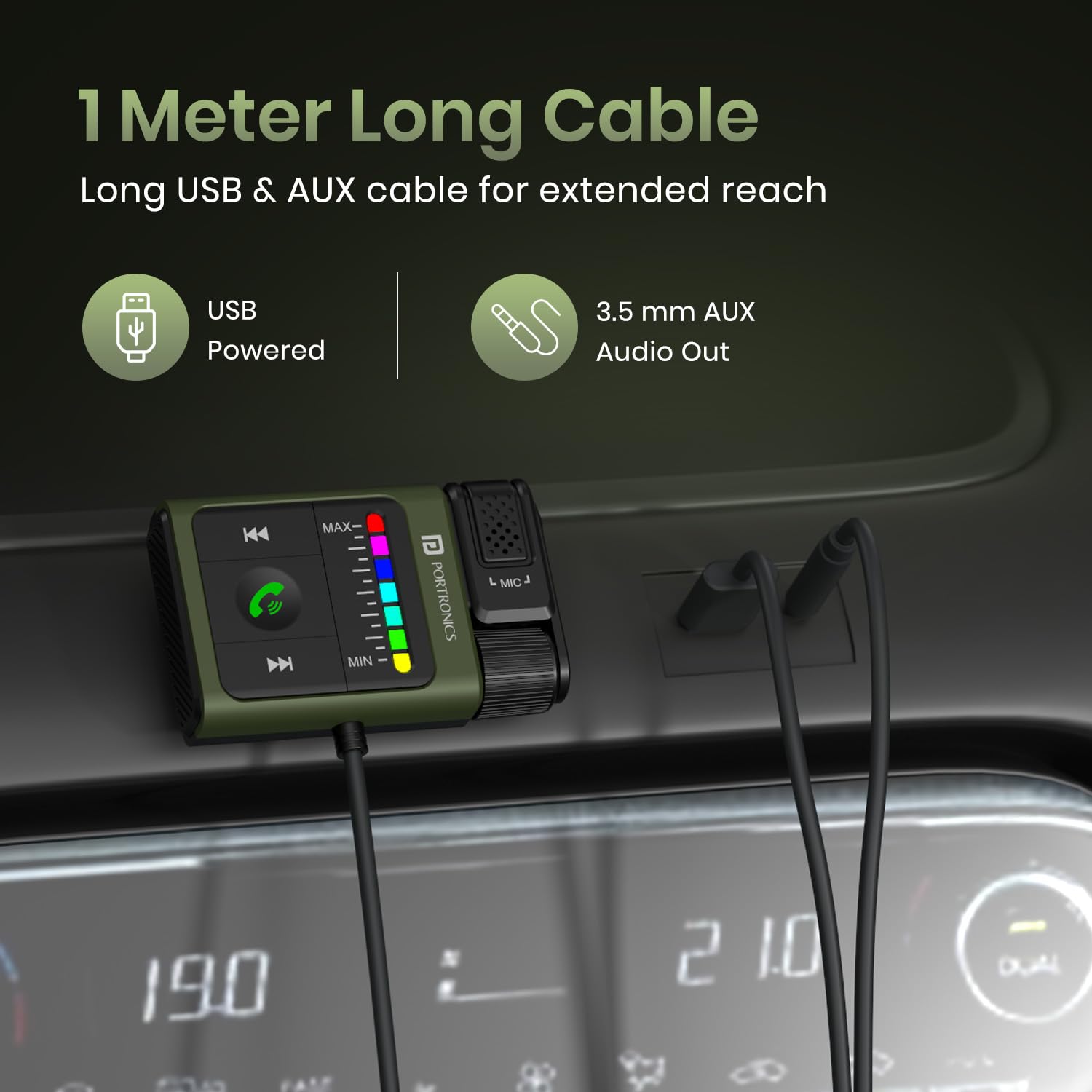 Portronics Auto Tune Car Bluetooth Receiver with Hands-Free Calling, Playing Music, Dynamic Lighting, 1m USB/AUX Cable, Bass Control Roller Portronics Auto Tune Car Bluetooth Receiver with Hands-Free Calling, Playing Music, Dynamic Lighting, 1m USB/AUX Cable, Bass Control Roller