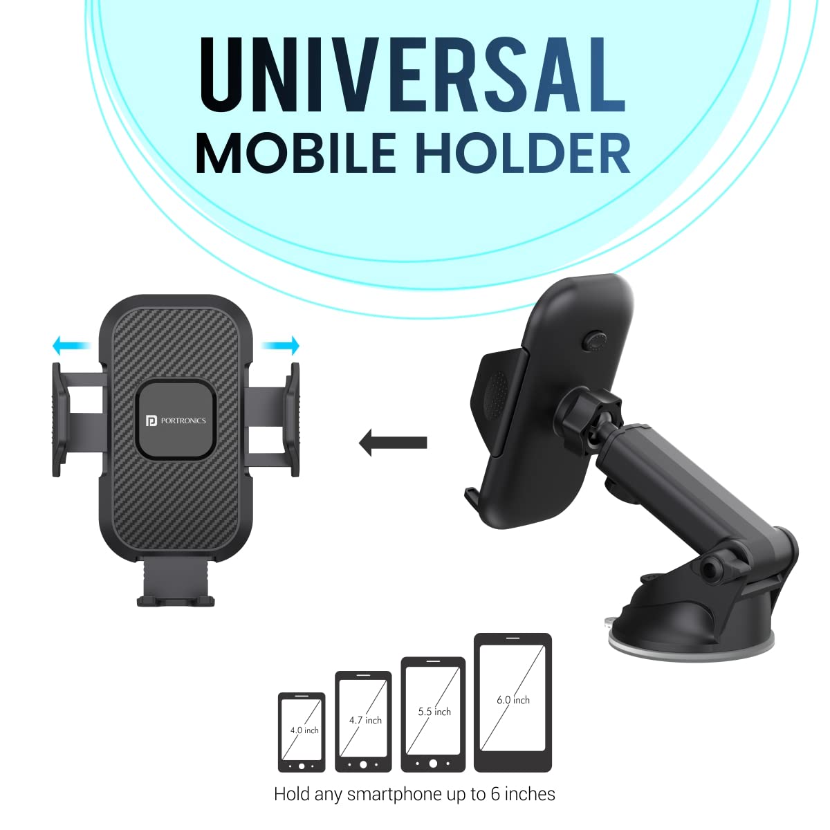 Portronics Clamp M Car Mobile Holder with 360° Rotational, Strong Suction Cup, One Click Release Button Compatible with 4 to 6 inch Devices(Black) Portronics Clamp M Car Mobile Holder with 360° Rotational, Strong Suction Cup, One Click Release Button Compatible with 4 to 6 inch Devices(Black)