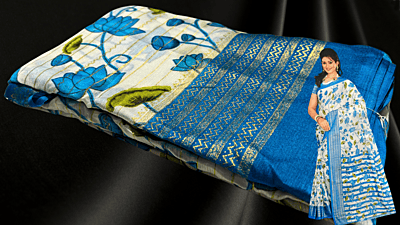 White Lotus Gold Foil Saree - Aqua Blue