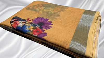 Linen Cotton Butterfly Saree - Sandal