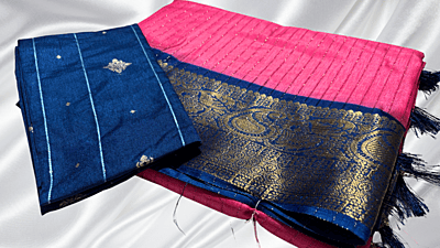 Rover Gold Line Jari Silk Saree - Pink & Dark Blue