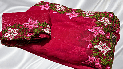 Fendy Shiny Floral Embroidery Saree - Rani Pink
