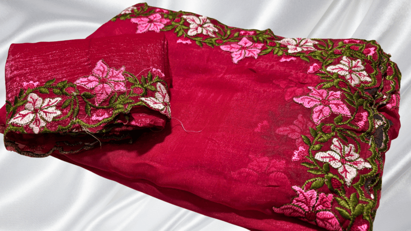 Fendy Shiny Floral Embroidery Saree - Rani Pink