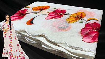 Kashmiri Silk Lily Floral Saree - White