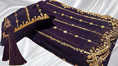 Full Trend Marble Gold Designer Saree - Dark Plum