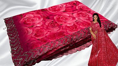 3D Digital Rose Stone Work Saree - Rose Red
