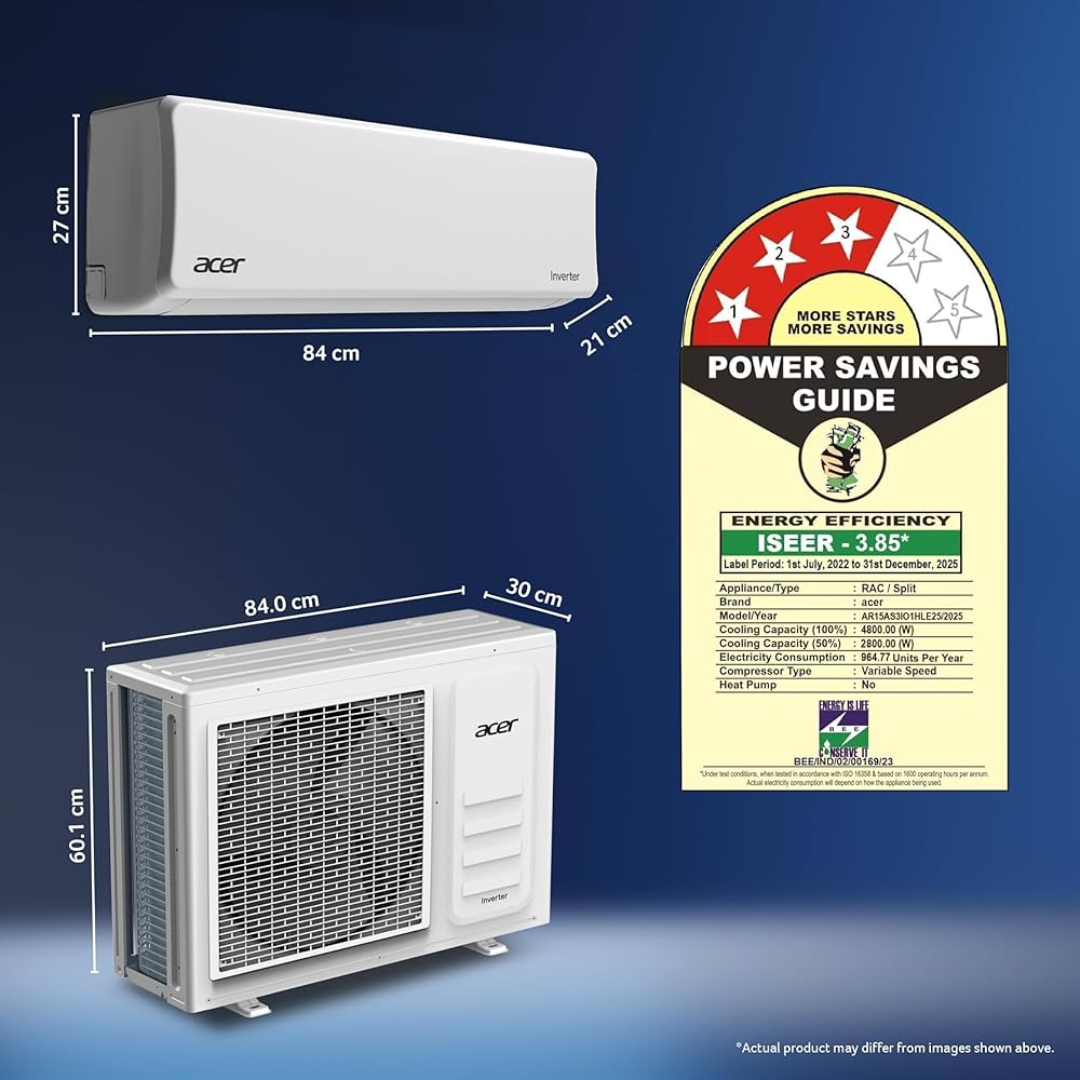 Acer 1.5 Ton 3 Star Smart Split AC (Copper, 5 in 1 Convertible, Anti-Bacterial PM 1.0 Filter, Cools at 55 degree Celsius Temp, 10 Mtrs Long Air Throw, 2025 Model), AR15AS3IO1HLE25 Acer 1.5 Ton 3 Star Smart Split AC (Copper, 5 in 1 Convertible, Anti-Bacterial PM 1.0 Filter, Cools at 55 degree Celsius Temp, 10 Mtrs Long Air Throw, 2025 Model), AR15AS3IO1HLE25