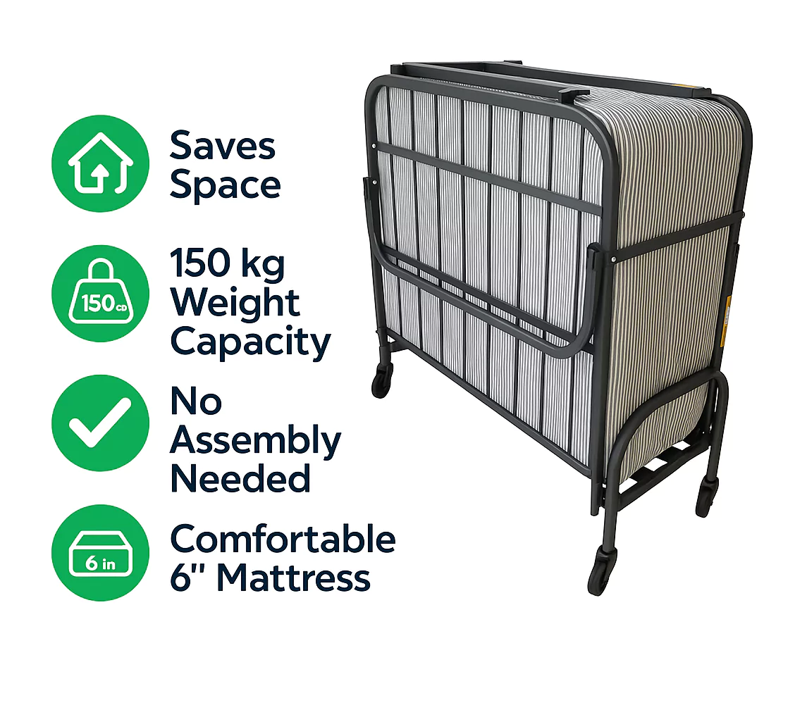 Sofrito Rollaway Foam and Wrought Iron Metal Folding Single Bed with 6-Inch Premium Mattress, Lockable Wheels Sofrito Rollaway Foam and Wrought Iron Metal Folding Single Bed with 6-Inch Premium Mattress, Lockable Wheels