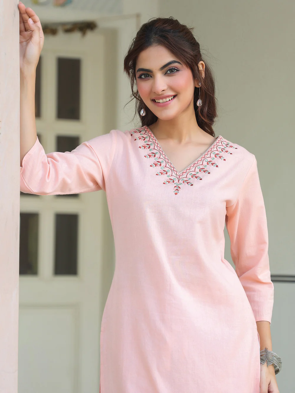 Janasya Women's Rust Pure Cotton Yoke Embroidered Straight Kurta