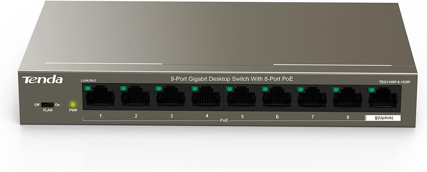 Tenda TEG1109P-8-102W 9-Port Gigabit Desktop Switch with 8-Port PoE Tenda TEG1109P-8-102W 9-Port Gigabit Desktop Switch with 8-Port PoE