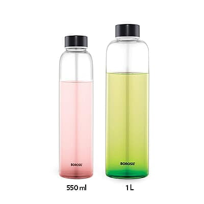 Borosil Crysto Slim Glass Water Bottle, Water Bottle for Fridge, Borosilicate Glass, Extreme Temperature Resistant, For Hot & Cold Water, Milk, Lassi, Juice, Black Lid, 550 ml, Stylish & Transparent