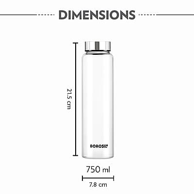 Borosil Crysto Wide Mouth Glass Water Bottle with Stainless Steel Lid | 750ml, Borosilicate Glass, Leakproof, Easy to Carry, Fridge & Dishwasher Safe | Can Use For, Lassi, Juice, Smoothies (3 Pc Set)
