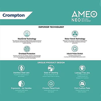 Crompton Ameo Neo 750 Watt Mixer Grinder with MaxiGrind and Motor Vent-X Technology
