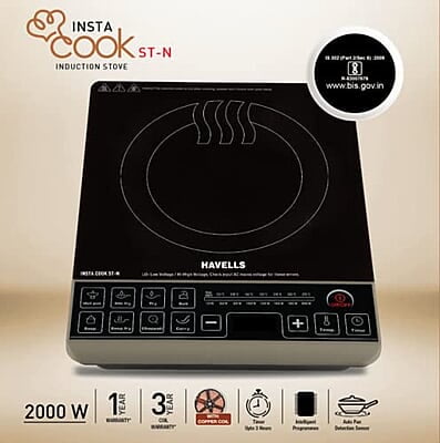 Havells Insta Cook St-N Energy Efficent Induction (Black), 2000 Watt, With 9 Cooking Option, Digital Led Dispay Havells Insta Cook St-N Energy Efficent Induction (Black), 2000 Watt, With 9 Cooking Option, Digital Led Dispay