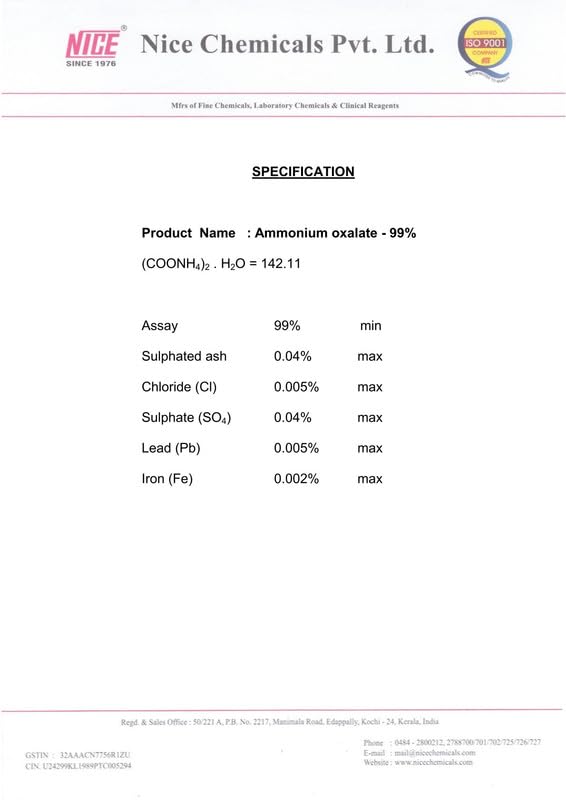 Ammonium Oxalate 500gm 99% NICE Ammonium Oxalate 500gm 99% NICE