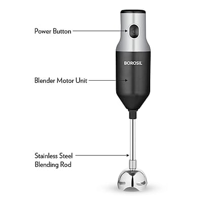 Borosil Masterblend Hand Blender, Electric Hand Blender, Single Speed Option, Stainless Steel Blades, For Whisking, Blending & Whipping, 250 W, Black