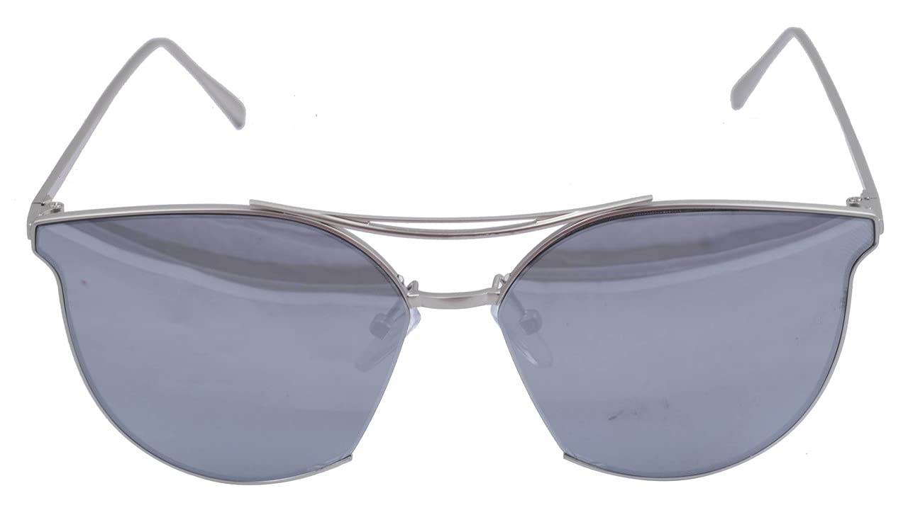 Unisex Oversized Sunglasses. Silver Color Metal Frame. UV Protected Reflective Silver Color Flat Lens.