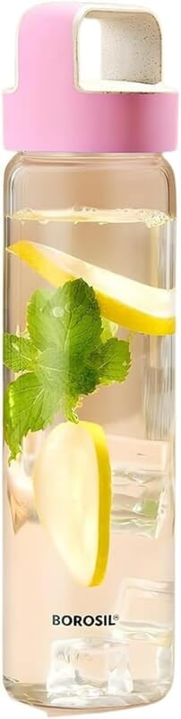 Borosil - Neo Glass Water Bottle|Fridge Bottle|Sports Bottle|Yoga Bottle|Outdoor|Picnic|Portable|Easy to Carry|Leak Proof|Resusable With Blue Handle, Transparent, Clear, See Through Bottle, 550 ML