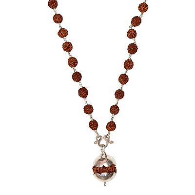 Silver tied Rudraksha Mala With Ruthratcham Pendant|With Certificate Silver tied Rudraksha Mala With Ruthratcham Pendant|With Certificate