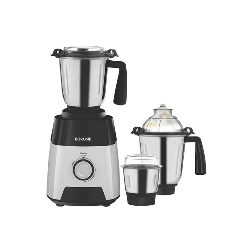 Borosil Silverline Mixer Grinder For Wet/Dry Mixing & Grinding | 750 Watts | 3 Steel Jars (400 ml Chutney Jar, 1.5 L Blending Jar, 1.2 L Dry/Wet Grinding Jar) | Mixie For Kitchen | 2 Years Warranty