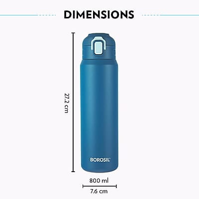 Borosil Aquasport 800 ml Stainless Steel Insulated Water Bottle | Double Wall Vaccum Insulated, Flask | 10 Hours Hot & Cold | Bottle for Office, Gym, School | 1 Year Warranty