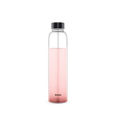 Borosil Crysto Slim Glass Water Bottle, Water Bottle for Fridge, Borosilicate Glass, Extreme Temperature Resistant, For Hot & Cold Water, Milk, Lassi, Juice, Black Lid, 550 ml, Stylish & Transparent