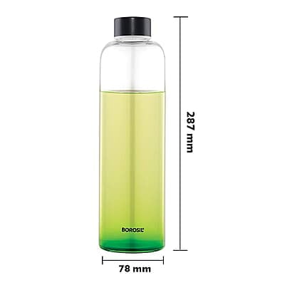 Borosil Crysto Slim Glass Water Bottle, Water Bottle for Fridge, Borosilicate Glass, Extreme Temperature Resistant, For Hot & Cold Water, Milk, Lassi, Juice, Black Lid, 1 L, Stylish & Transparent