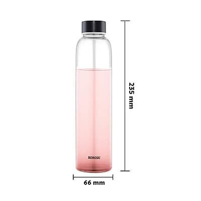 Borosil Crysto Slim Glass Water Bottle, Water Bottle for Fridge, Borosilicate Glass, Extreme Temperature Resistant, For Hot & Cold Water, Milk, Lassi, Juice, Black Lid, 550 ml, Stylish & Transparent