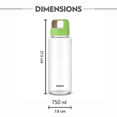 Borosil Crysto Glass Water Bottle, Water Bottle for Fridge Wide Mouth Borosilicate Glass Extreme Temperature Resistant For Hot & Cold Water, Milk, Lassi, Juice, Green Lid 750 ml, Stylish & Transparent