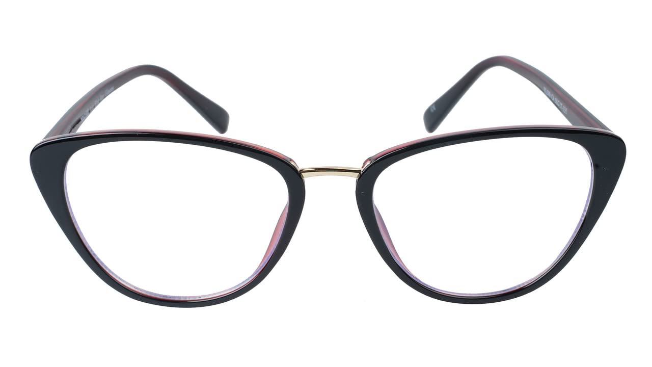 Female Cat Eye Spectacle Frame. Glossy Black & Red Color Frame. Transparent ARC Lens.