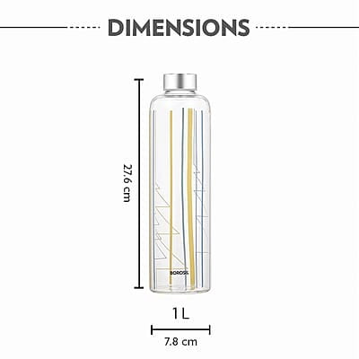 Borosil Artisan Series Sintra 1000ml Narrow Mouth Glass Bottle with Metal Lid | 100% Borosilicate, Fridge Safe, Leakproof, Easy to Carry | Store Water, Lassi, Juice, Smoothies | Dishwasher Safe