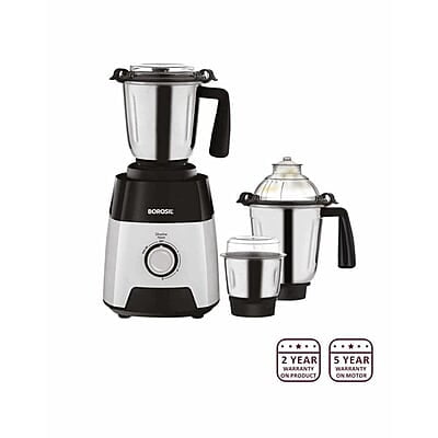 Borosil Silverline Mixer Grinder For Wet/Dry Mixing & Grinding | 750 Watts | 3 Steel Jars (400 ml Chutney Jar, 1.5 L Blending Jar, 1.2 L Dry/Wet Grinding Jar) | Mixie For Kitchen | 2 Years Warranty