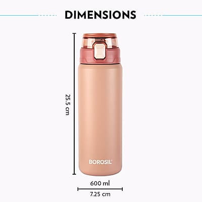 Borosil Aquasport 600 ml Stainless Steel Insulated Water Bottle | Double Wall Vaccum Insulated, Flask | 10 Hours Hot & Cold | Bottle for Office, Gym, School | 1 Year Warranty