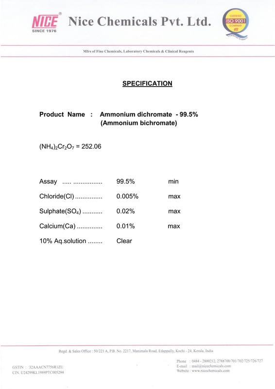 Ammonium Dichromate 500gm 99.5% NICE Ammonium Dichromate 500gm 99.5% NICE