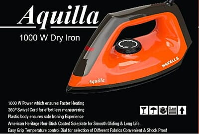 Havells Dry Iron Aquilla 1000W Iron Press German Technology Non Sick Coated Sole Plate Havells Dry Iron Aquilla 1000W Iron Press German Technology Non Sick Coated Sole Plate