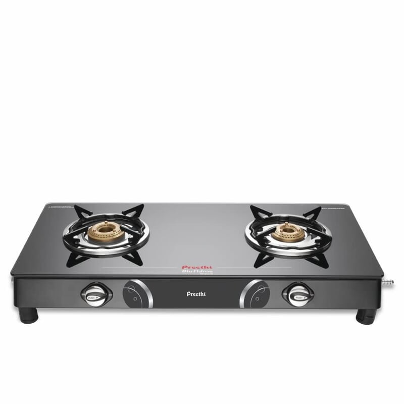 Preethi Blu Flame Gleam Glass Top 2-Burner Manual Gas Stove (Black) (ISI Certified)