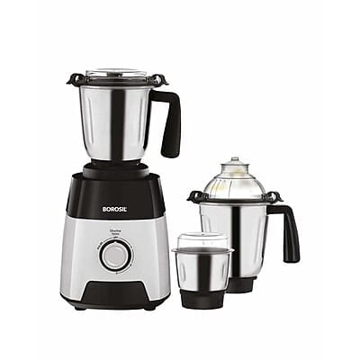 Borosil Silverline Mixer Grinder For Wet/Dry Mixing & Grinding | 750 Watts | 3 Steel Jars (400 ml Chutney Jar, 1.5 L Blending Jar, 1.2 L Dry/Wet Grinding Jar) | Mixie For Kitchen | 2 Years Warranty
