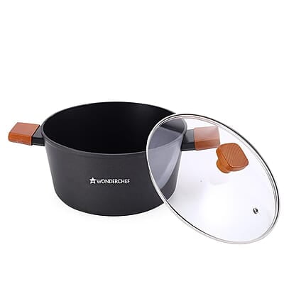 Wonderchef Caesar Forged Virgin Aluminium Casserole with Glass Lid, 24cm, Black, Greblon C3 Non-stick Coating